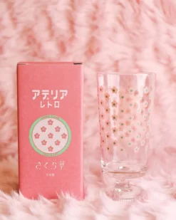 Aderia - Retro Glass Tumbler with Stem - Sakuragusa Pink Flowers | Kids Kids & Babies