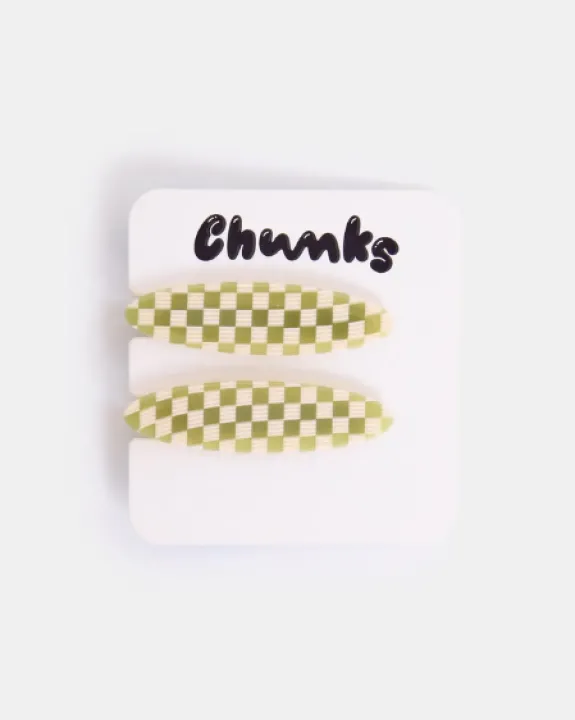 Chunks - Allie Clips in Oval Olive Check | Hair Accessories