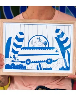 Graphic Nugget - Blue Rat in a Car Riso Print - A4 (framed) | Art & Prints | Home Decor