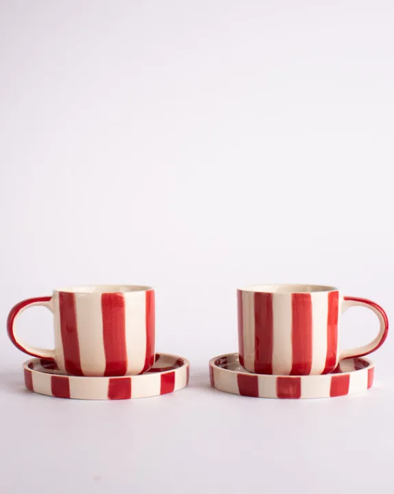 Magazin Minori - Espresso Stripes - Tramonto Red (Set of 2 Espresso Cups & Saucers) | Mugs & Glasses