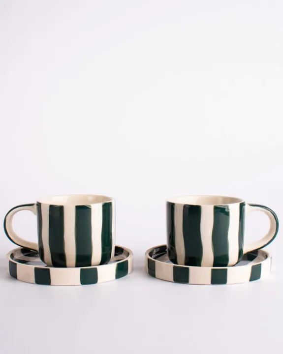 Magazin Minori - Espresso Stripes - Gentle Green (Set of 2 Espresso Cups & Saucers) | Mugs & Glasses
